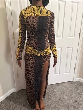 Versace Brown Leopard and Yellow Gold Baroque Maxi Dress. Brand new with tags’